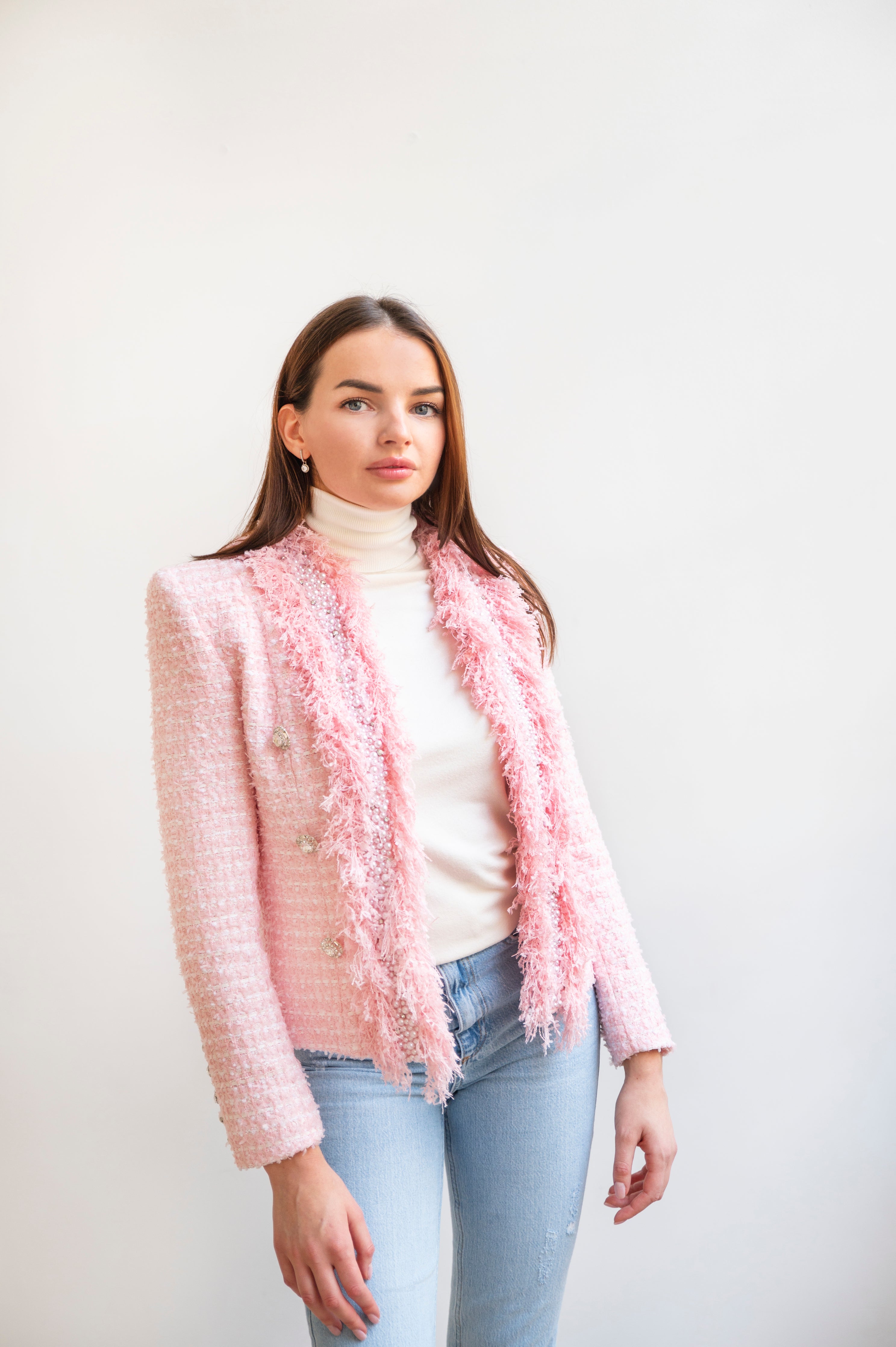 Maeve Double-Breasted Tweed Jacket Pink - ShopStyle